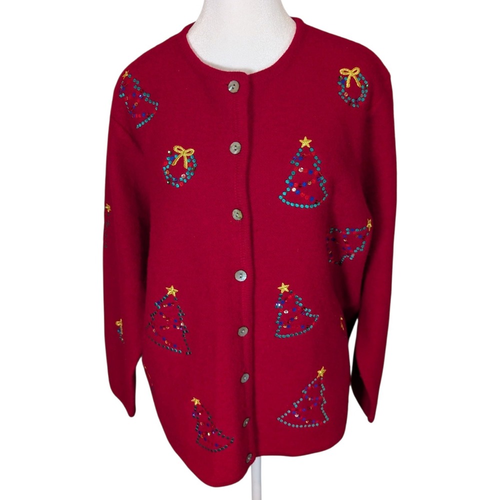 Karen Scott Sport Red 100% Wool Christmas Tree Sequin Cardigan Sweater Plus 1X